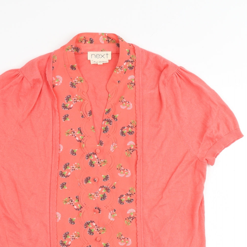 NEXT Womens Pink Floral Cotton Basic Blouse Size 16 V-Neck - Mock Cardigan Top