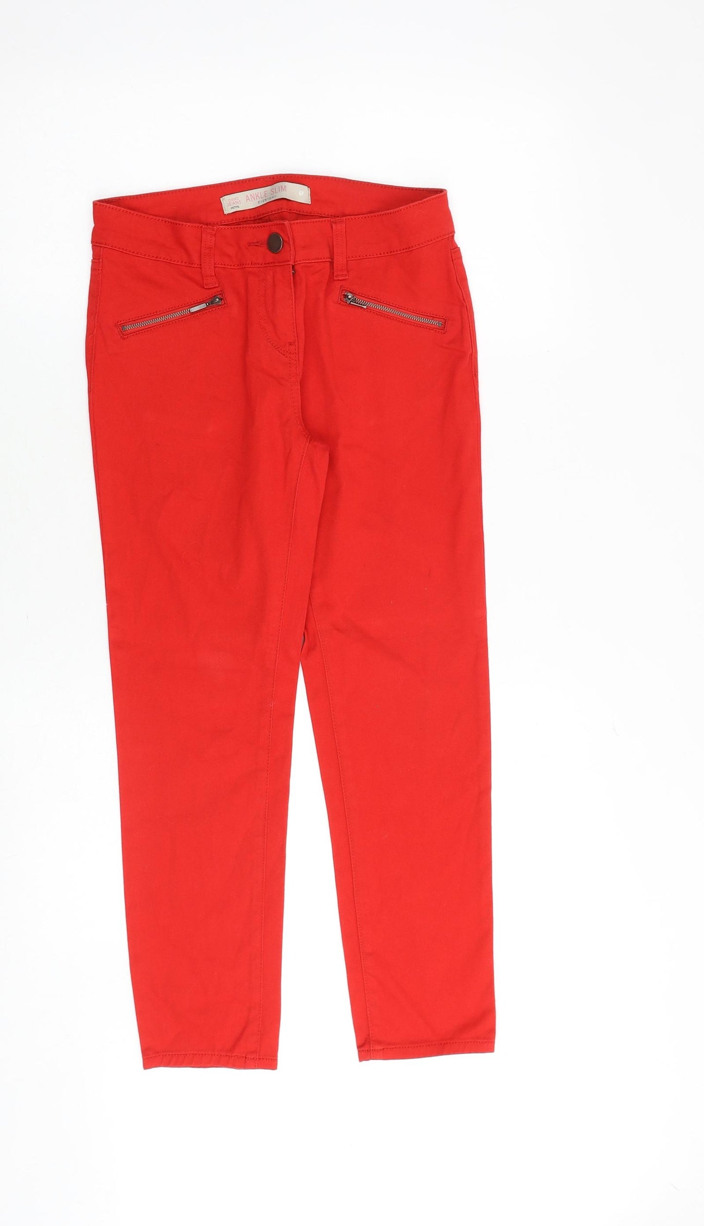 NEXT Womens Red Cotton Straight Jeans Size 6 Slim Zip
