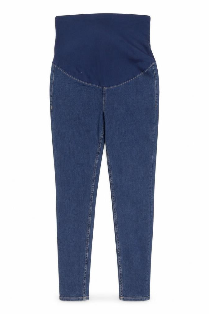 Front view of H&M women’s blue herringbone cotton skinny jeans, size L, regular