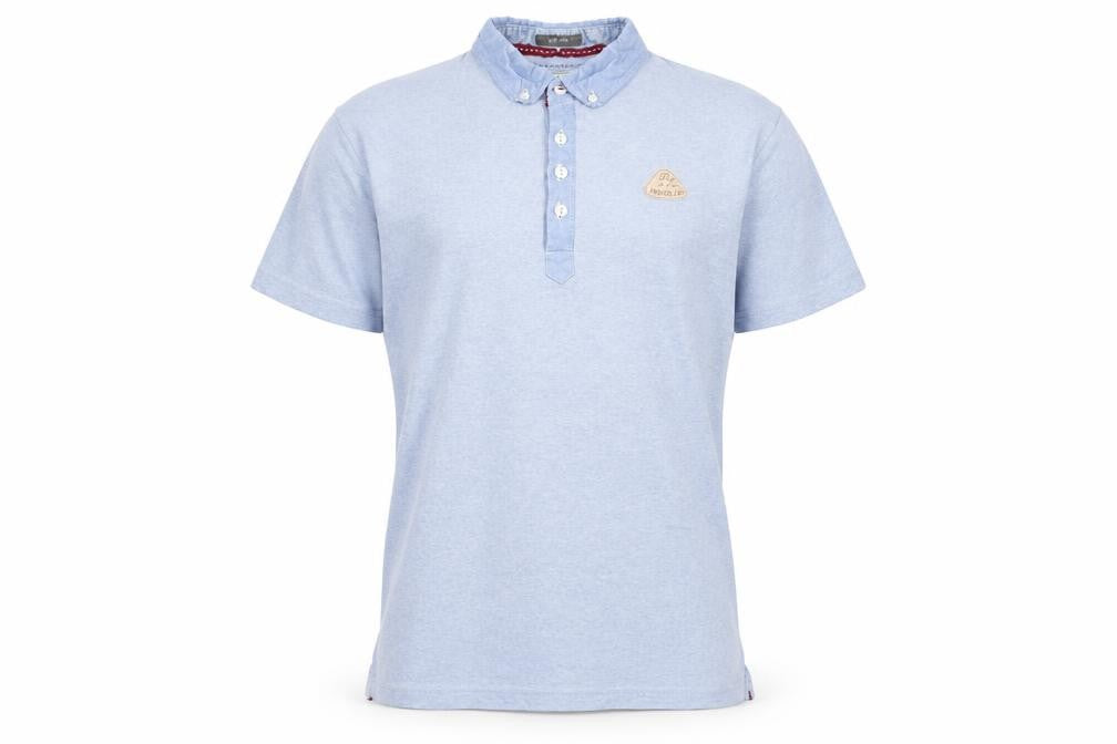 Front view of Indigo men’s blue cotton polo, size L, collared button
