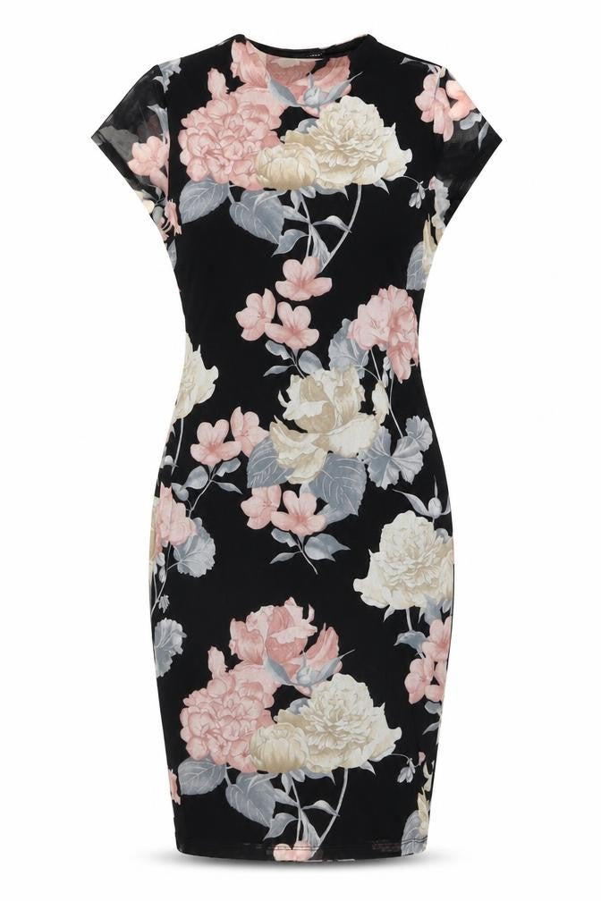 Front view of Fashion Nova women’s black floral polyester shift, size M, round neck pullover