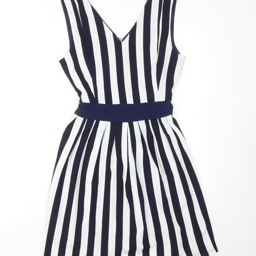 Mela London Womens Blue Striped Polyester A-Line Size 10 V-Neck Zip