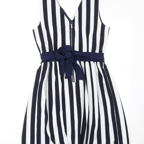Mela London Womens Blue Striped Polyester A-Line Size 10 V-Neck Zip