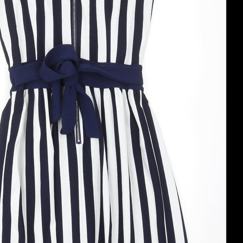 Mela London Womens Blue Striped Polyester A-Line Size 10 V-Neck Zip