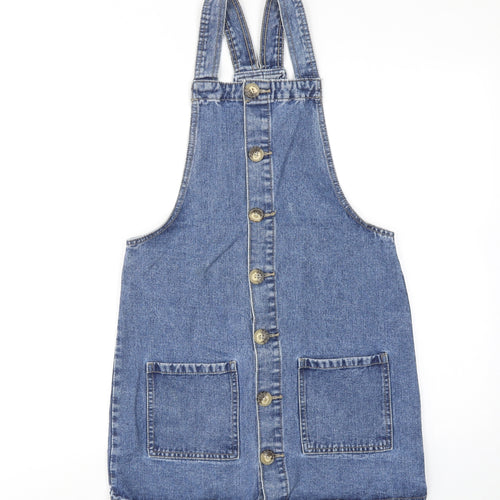 Denim & Co. Womens Blue Cotton Pinafore/Dungaree Dress Size 8 Square Neck Button