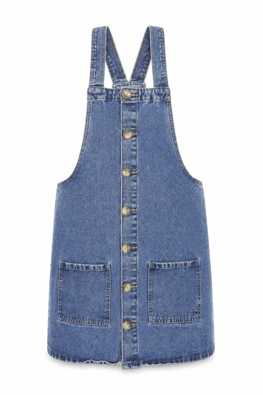 Front view of Denim & Co. women’s blue cotton pinafore/dungaree dress, size UK 8, square neck button