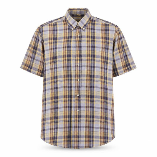 Front view of Timberjack men’s multicoloured plaid polyester button-up, size M, collared button