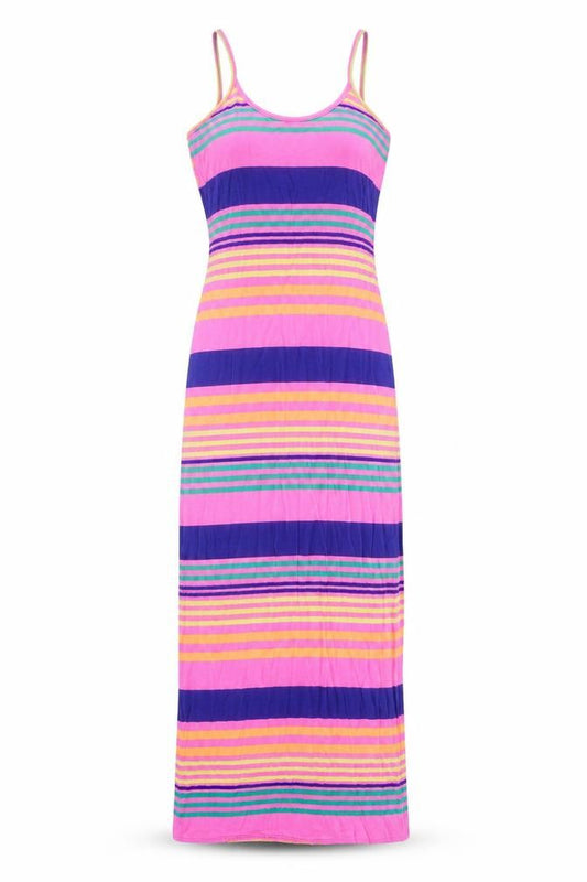 Front view of Bebo women’s multicoloured striped polyester maxi, size S, round neck pullover