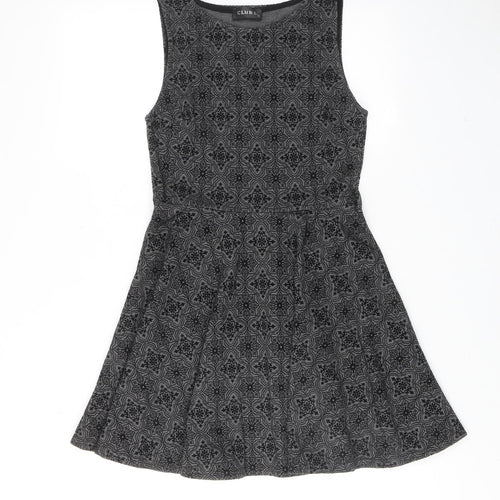 Club L Womens Grey Geometric Polyester Skater Dress Size 12 Round Neck Pullover