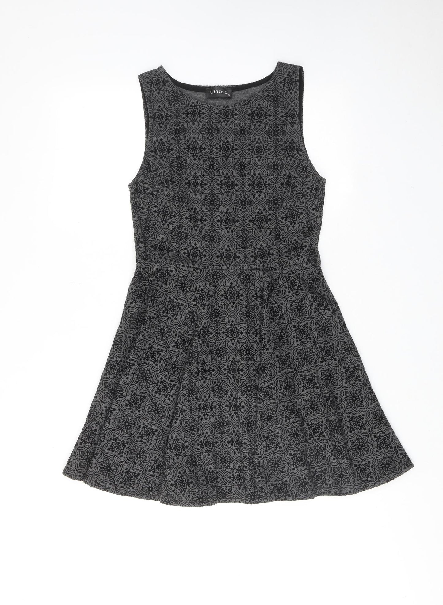 Club L Womens Grey Geometric Polyester Skater Dress Size 12 Round Neck Pullover