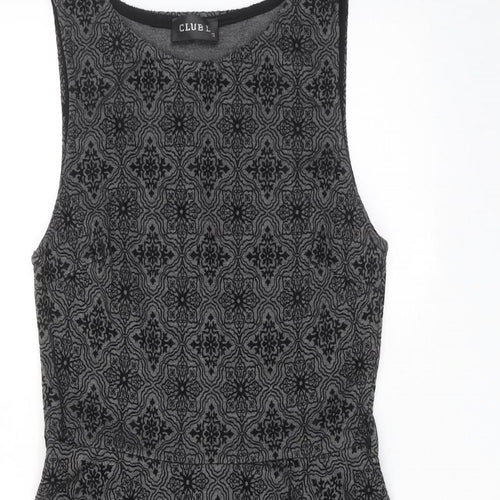 Club L Womens Grey Geometric Polyester Skater Dress Size 12 Round Neck Pullover