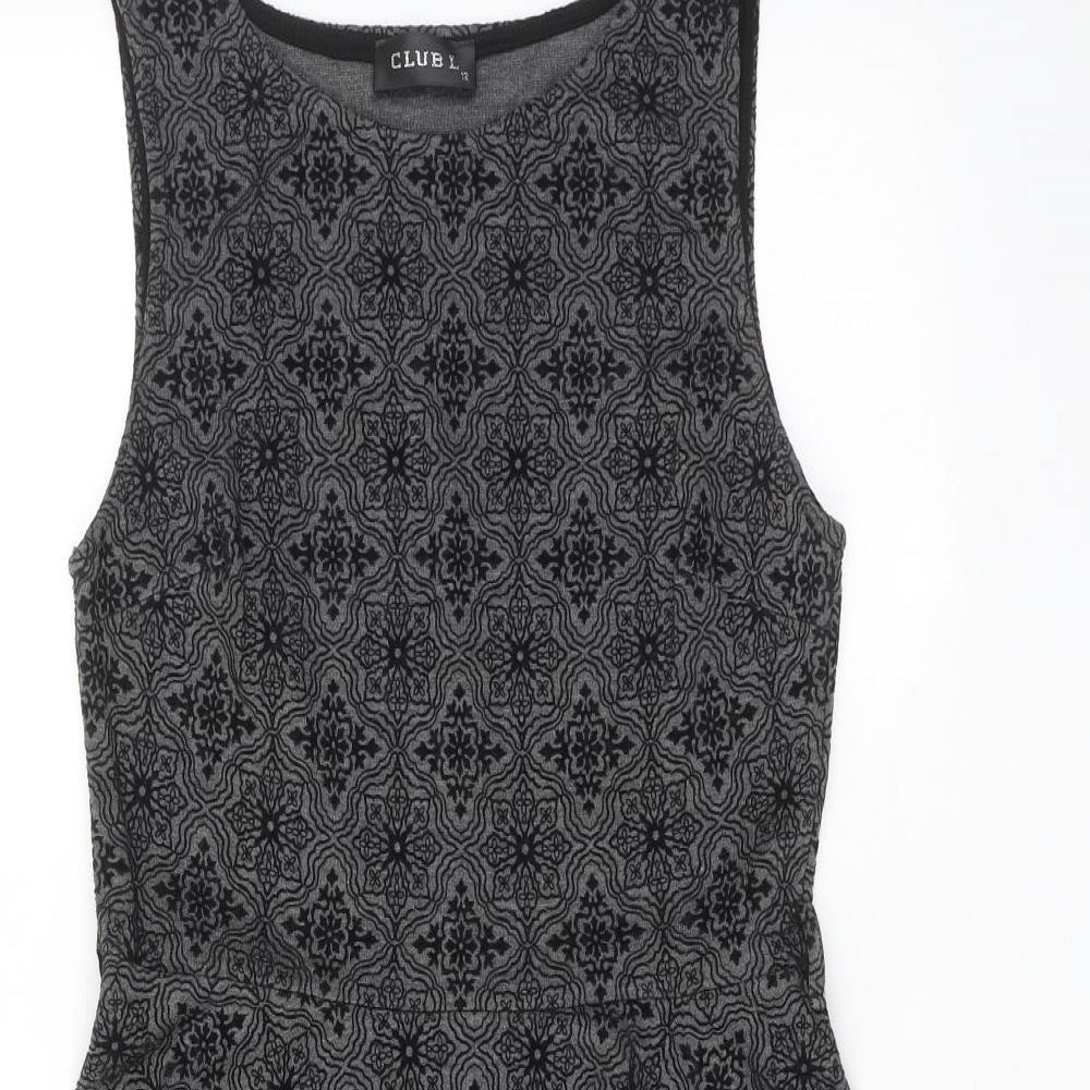 Club L Womens Grey Geometric Polyester Skater Dress Size 12 Round Neck Pullover