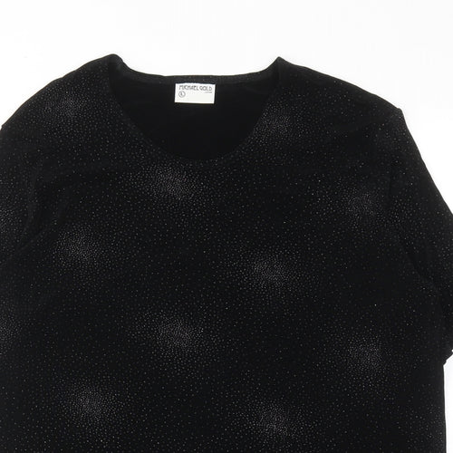 Michael Gold Womens Black Geometric Acetate Basic T-Shirt Size L Round Neck