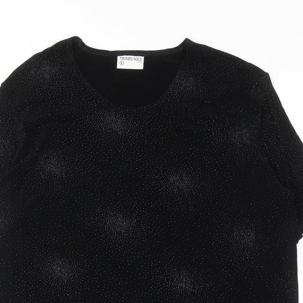 Michael Gold Womens Black Geometric Acetate Basic T-Shirt Size L Round Neck