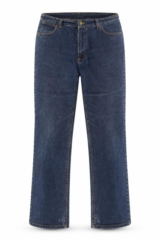 Front view of Douglas women’s blue cotton straight jeans, size XL, regular zip