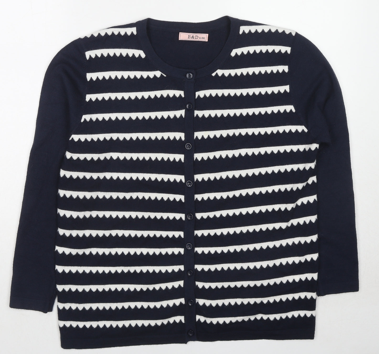 E&D Womens Blue Round Neck Striped Polyamide Cardigan Jumper Size XL - Size XL/XXL