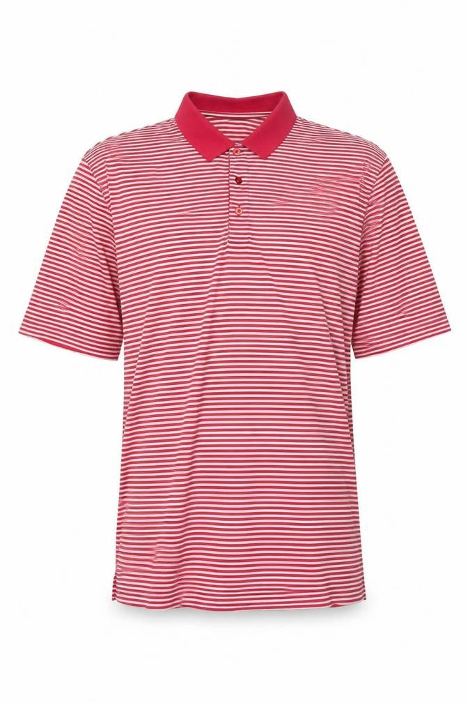 Front view of Dwyers&Co men’s red striped cotton polo, size M, collared pullover
