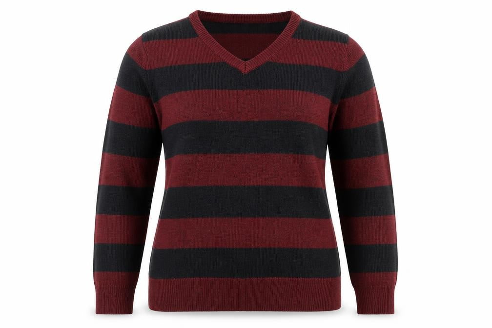 Front view of Hutson Harbour women’s red v-neck striped acrylic jumper, size L