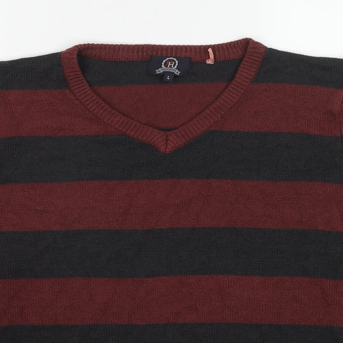 Hutson Harbour Womens Red V-Neck Striped Acrylic Pullover Jumper Size L