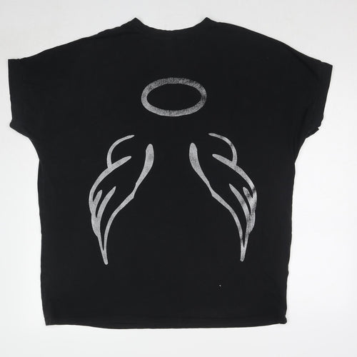 New Collection Womens Black Polyester Basic T-Shirt One Size Round Neck - Angel Wings and Halo