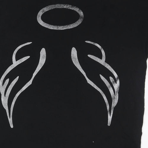 New Collection Womens Black Polyester Basic T-Shirt One Size Round Neck - Angel Wings and Halo