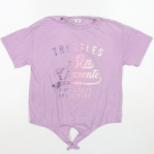 River Island Girls Purple Cotton Basic T-Shirt Size 9-10 Years Round Neck Pullover - San Clemente Knot Front