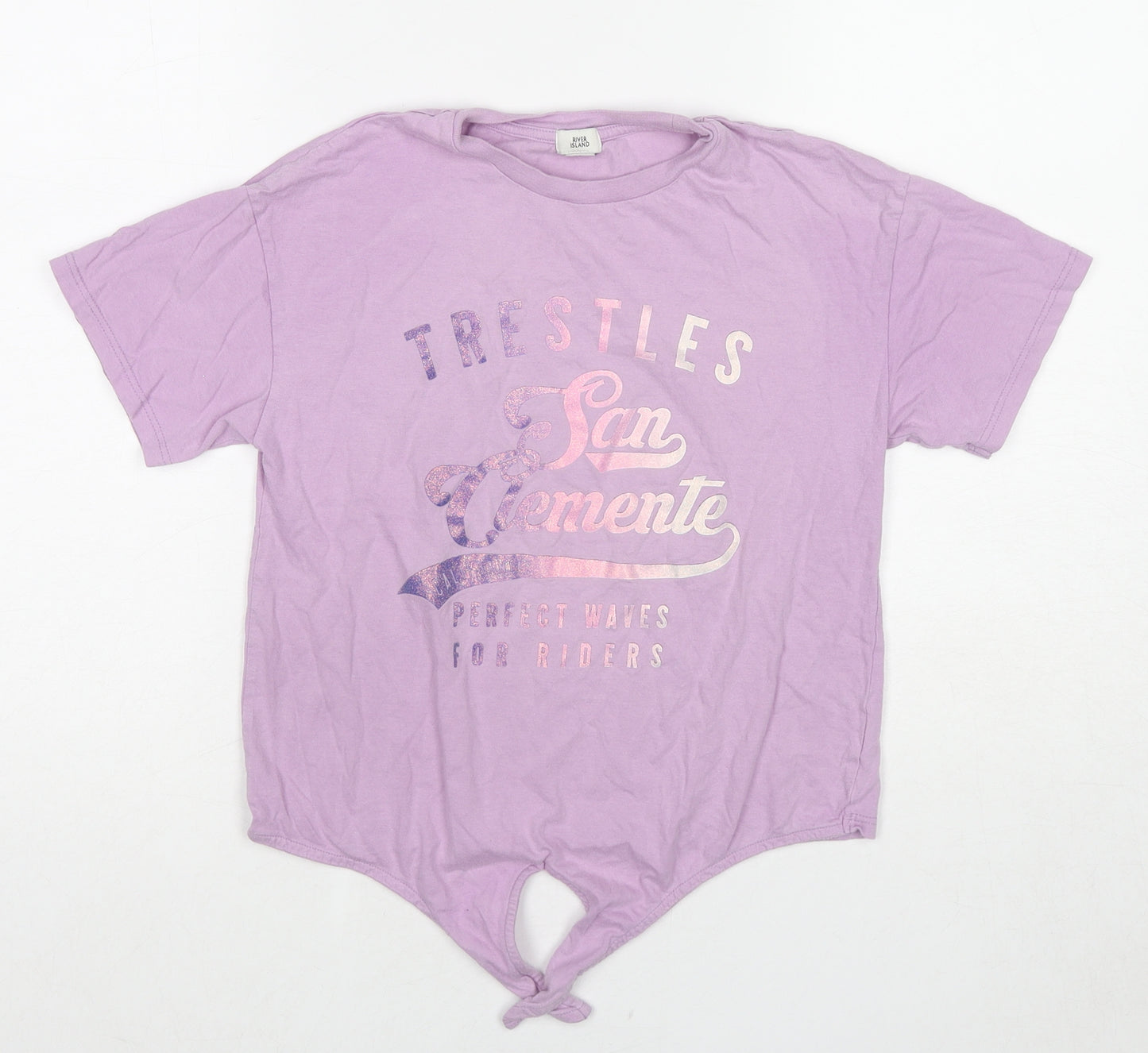 River Island Girls Purple Cotton Basic T-Shirt Size 9-10 Years Round Neck Pullover - San Clemente Knot Front