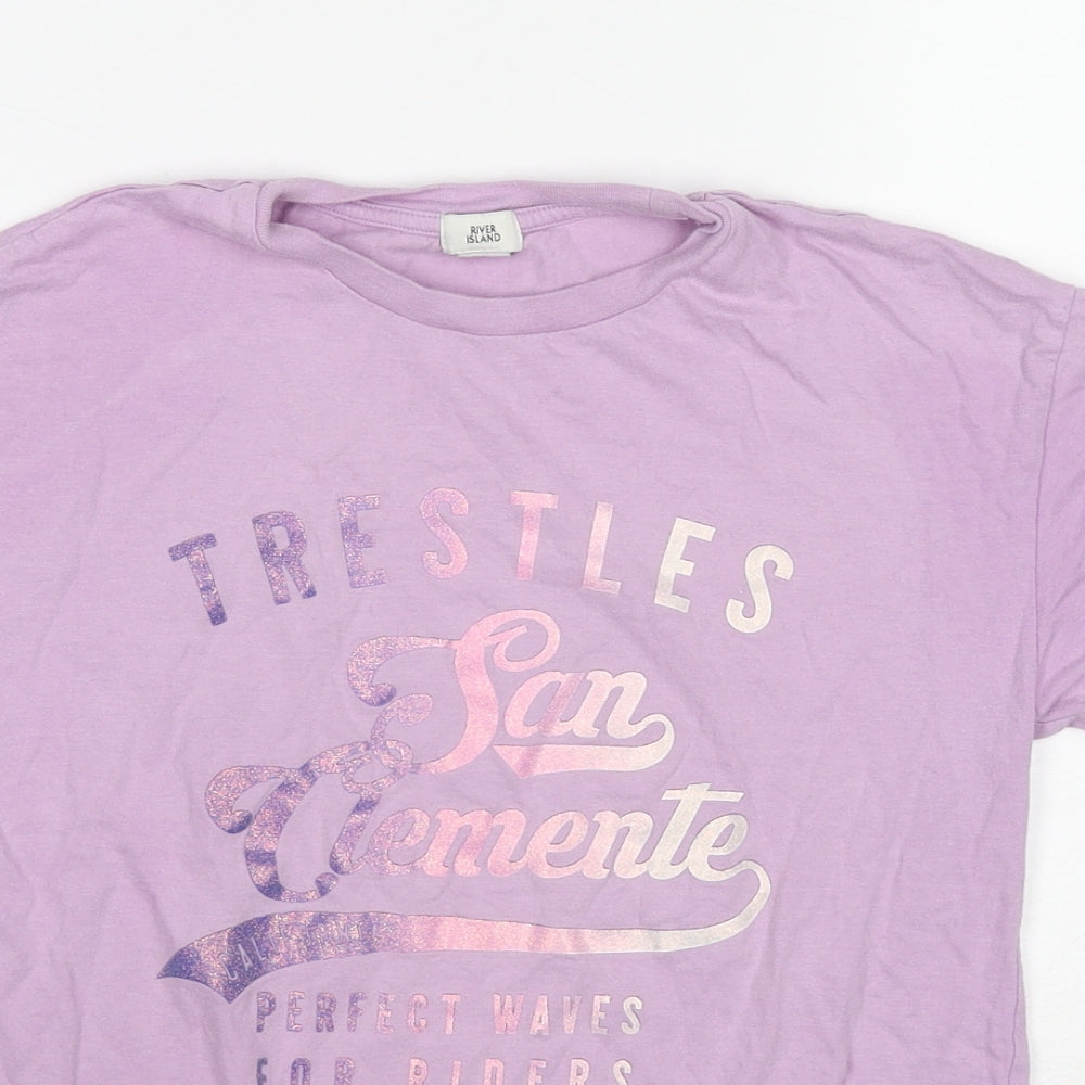 River Island Girls Purple Cotton Basic T-Shirt Size 9-10 Years Round Neck Pullover - San Clemente Knot Front