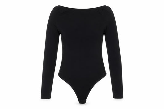 Front view of PRETTYLITTLETHING women’s black viscose bodysuit one-piece, size UK 10, snap