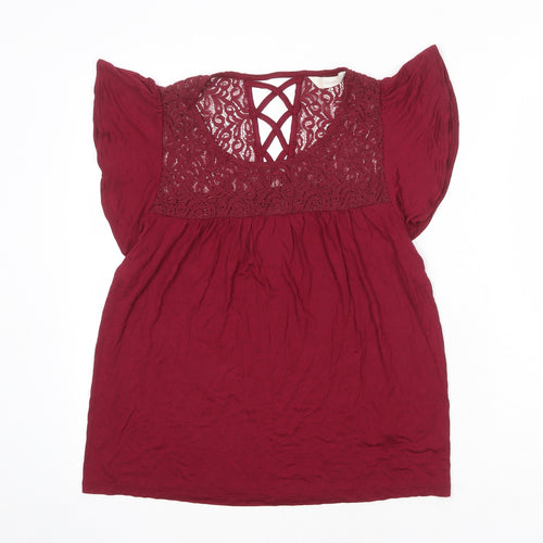 BHS Womens Red Viscose Basic Blouse Size 10 Boat Neck - Lace Detail