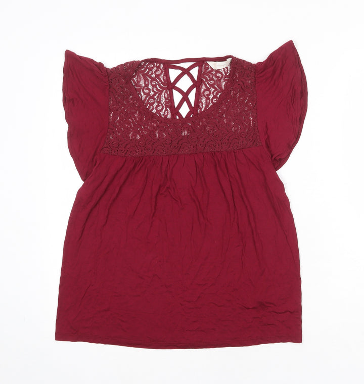 BHS Womens Red Viscose Basic Blouse Size 10 Boat Neck - Lace Detail