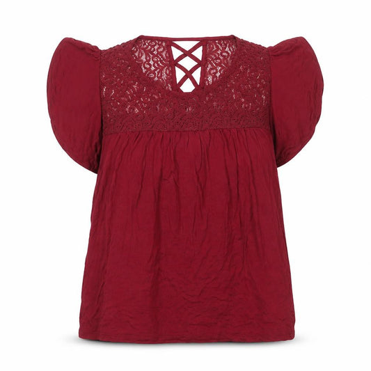 Front view of BHS women’s red viscose basic blouse, size UK 10, boat neck - lace detail