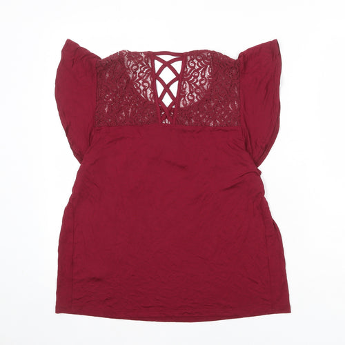 BHS Womens Red Viscose Basic Blouse Size 10 Boat Neck - Lace Detail