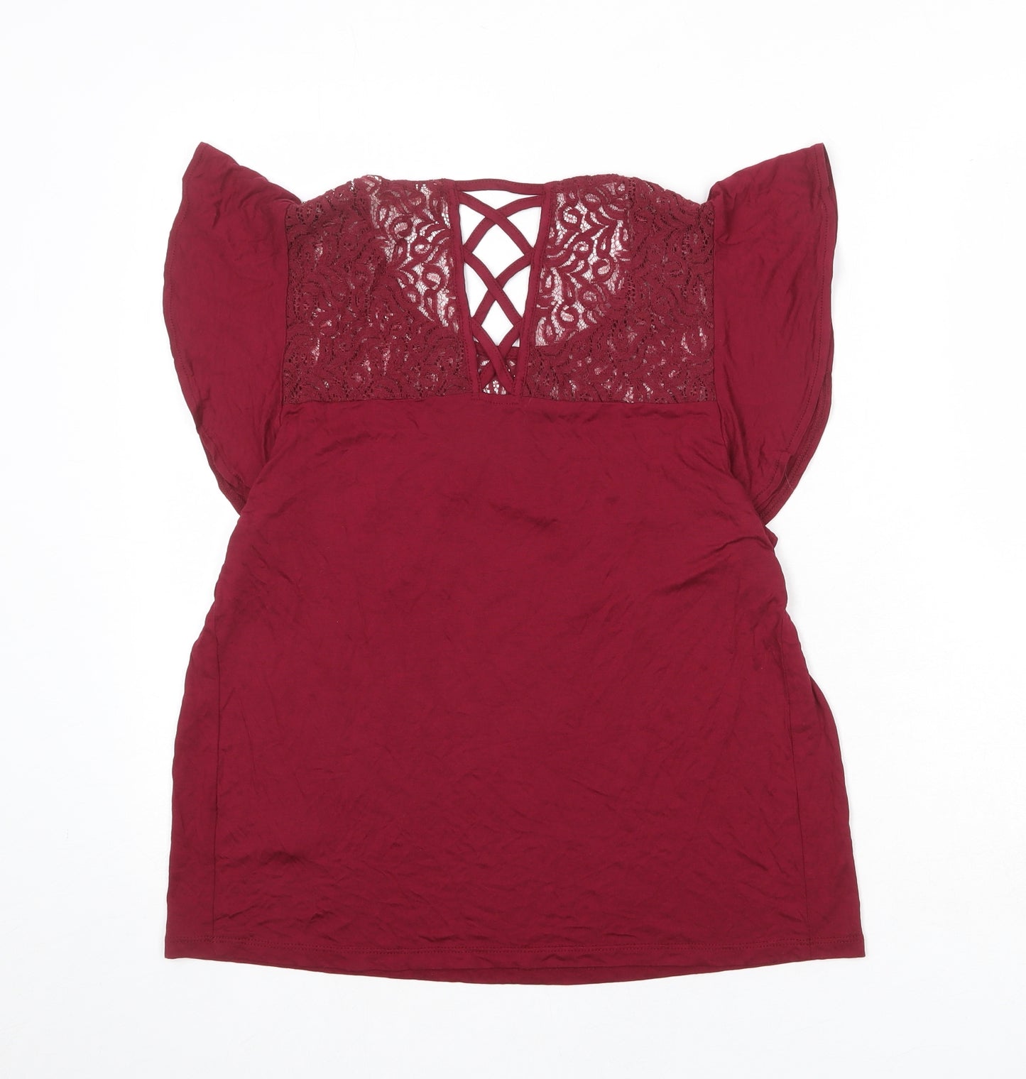 BHS Womens Red Viscose Basic Blouse Size 10 Boat Neck - Lace Detail