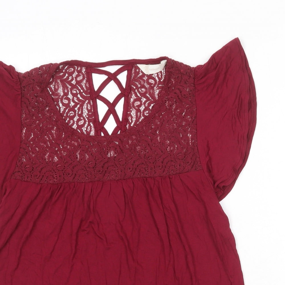 BHS Womens Red Viscose Basic Blouse Size 10 Boat Neck - Lace Detail
