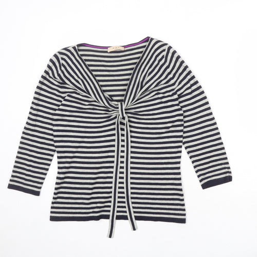 Oui Womens Grey V-Neck Striped Viscose Pullover Jumper Size 10