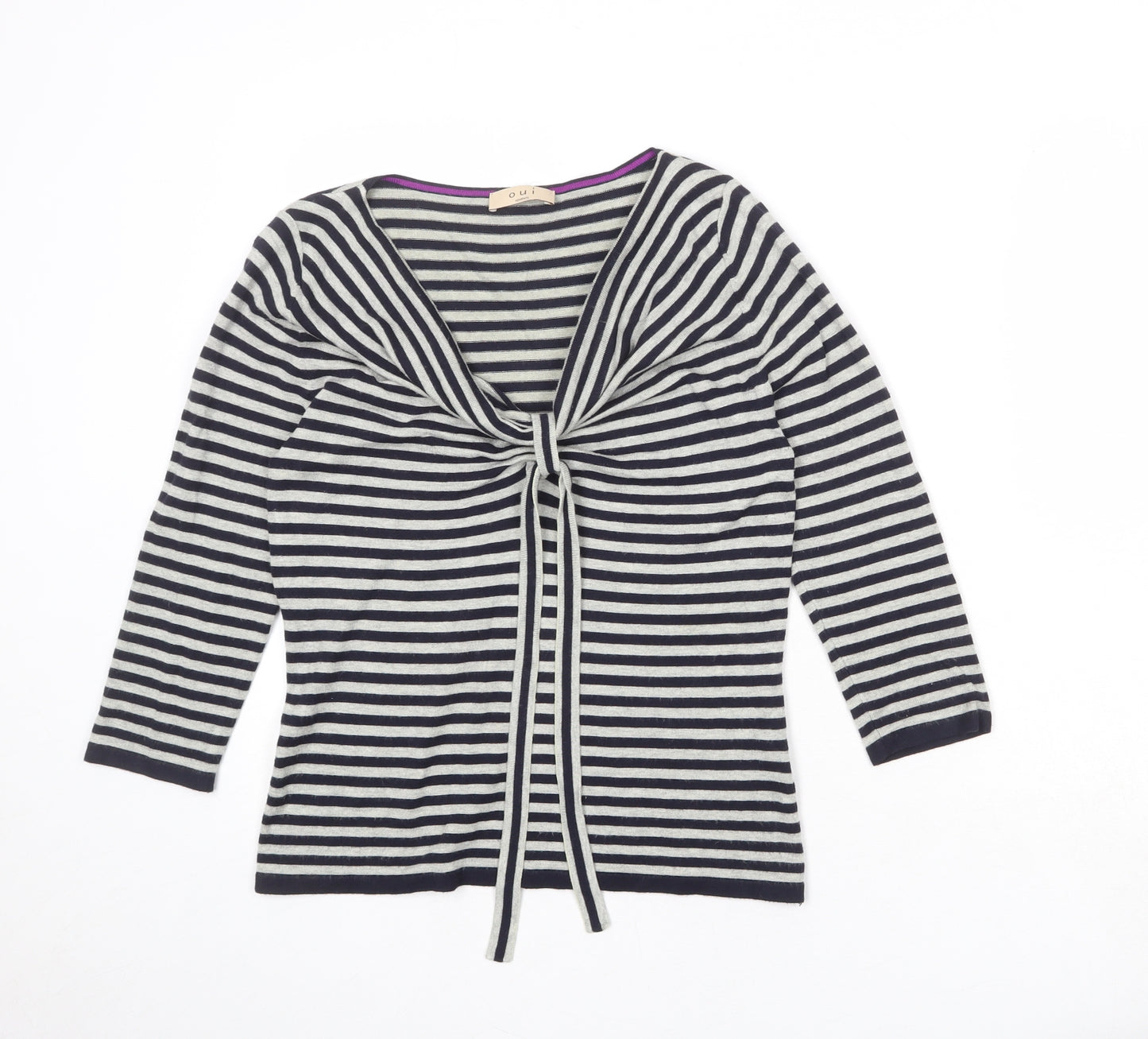 Oui Womens Grey V-Neck Striped Viscose Pullover Jumper Size 10
