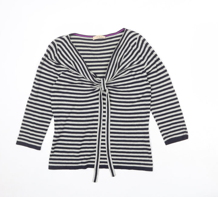 Oui Womens Grey V-Neck Striped Viscose Pullover Jumper Size 10