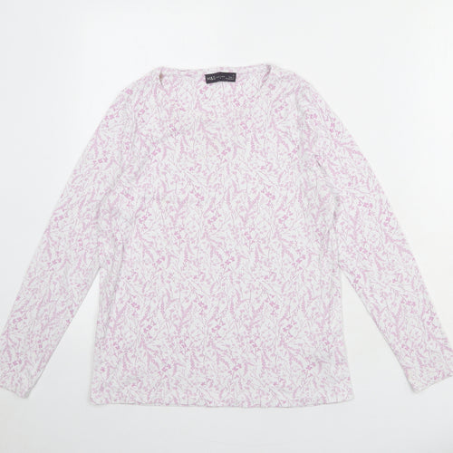 Marks and Spencer Womens White Floral 100% Cotton Basic T-Shirt Size 14 Round Neck