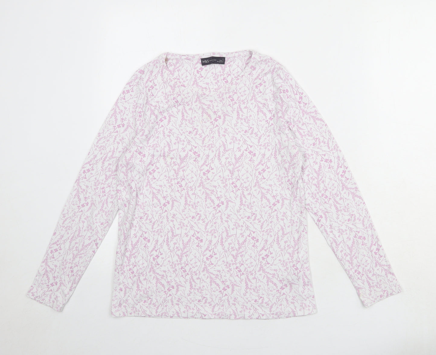 Marks and Spencer Womens White Floral 100% Cotton Basic T-Shirt Size 14 Round Neck