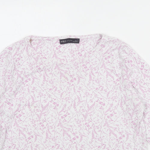 Marks and Spencer Womens White Floral 100% Cotton Basic T-Shirt Size 14 Round Neck