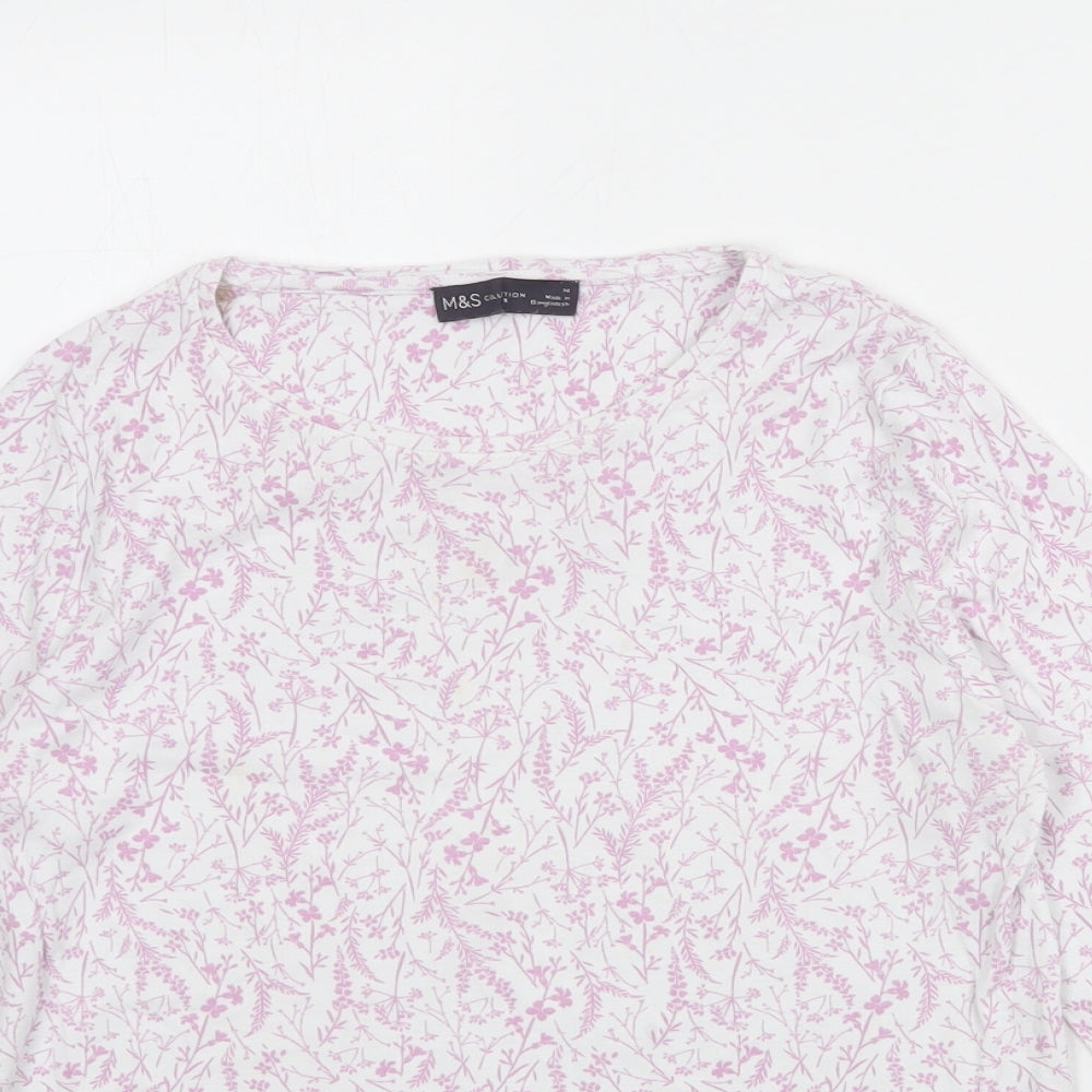 Marks and Spencer Womens White Floral 100% Cotton Basic T-Shirt Size 14 Round Neck