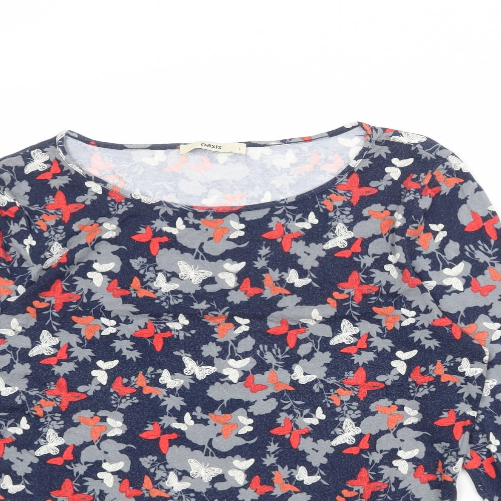 Oasis Womens Blue Geometric Viscose Basic T-Shirt Size L Boat Neck