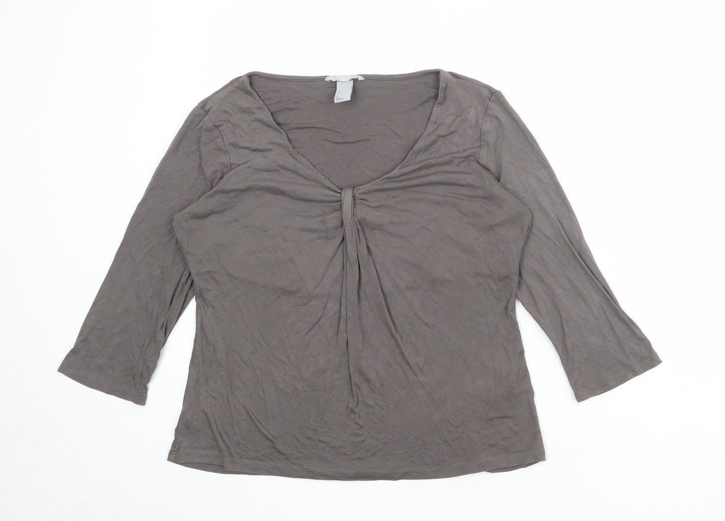 H&M Womens Grey Viscose Basic T-Shirt Size L Scoop Neck - Ruched Detail