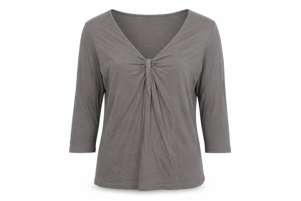 Front view of H&M women’s grey viscose basic t-shirt, size L, scoop neck - ruched detail
