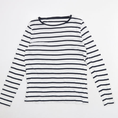 Marks and Spencer Womens White Striped 100% Cotton Basic T-Shirt Size 14 Boat Neck