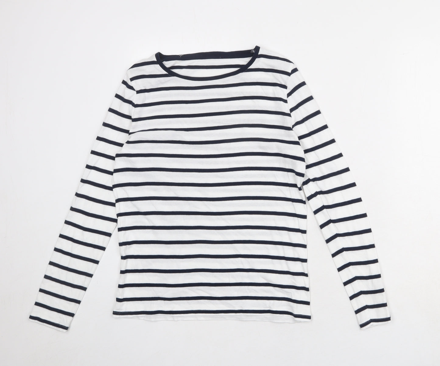 Marks and Spencer Womens White Striped 100% Cotton Basic T-Shirt Size 14 Boat Neck