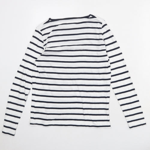 Marks and Spencer Womens White Striped 100% Cotton Basic T-Shirt Size 14 Boat Neck