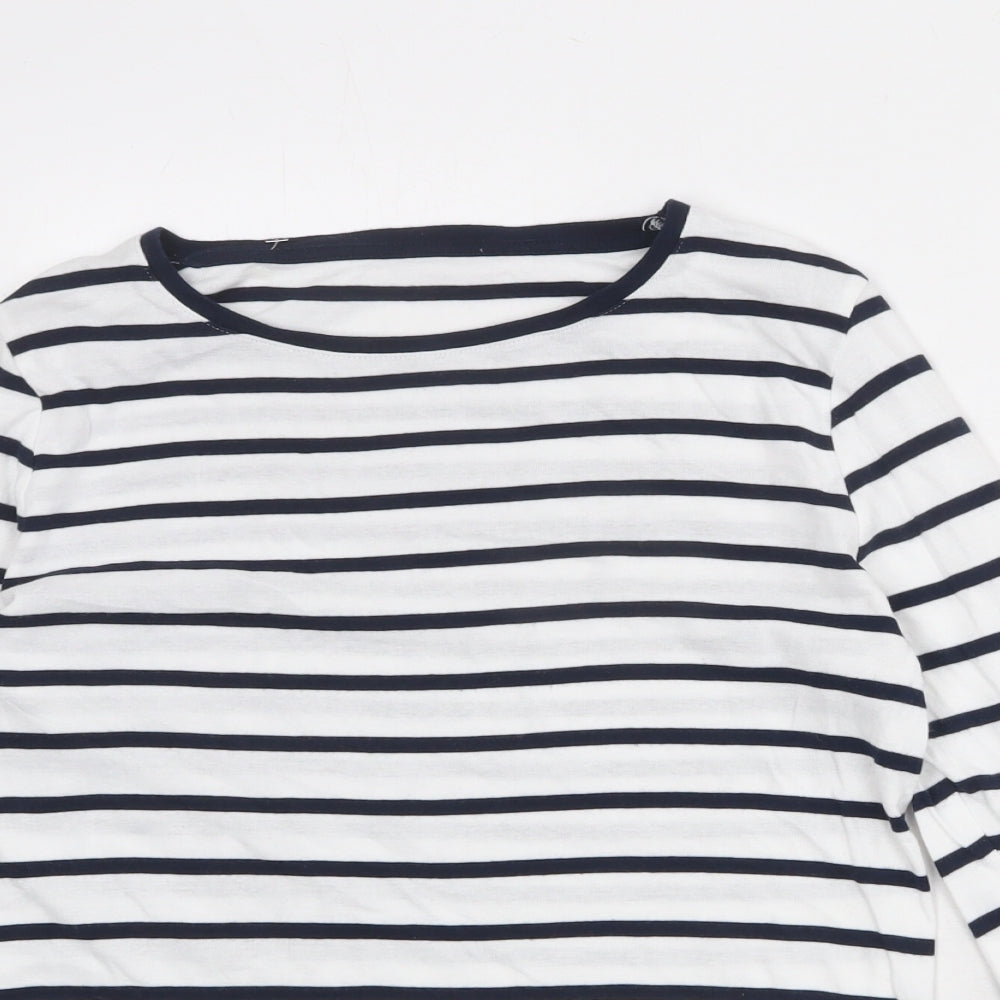 Marks and Spencer Womens White Striped 100% Cotton Basic T-Shirt Size 14 Boat Neck