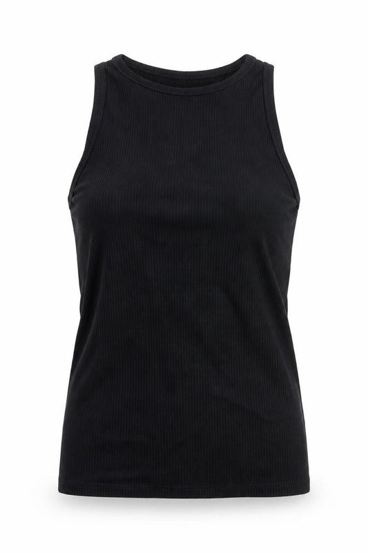 Front view of ASOS women’s black viscose basic tank, size UK 10, round neck - ribbed